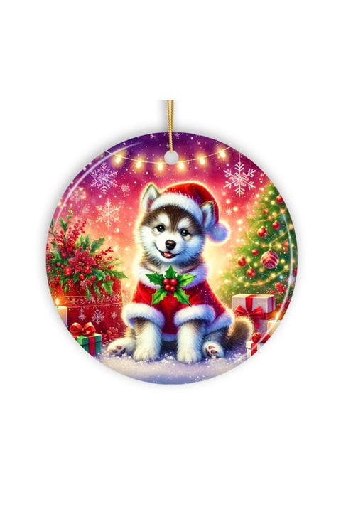 Holly Berry Siberian Husky Puppy Round Ceramic Ornament