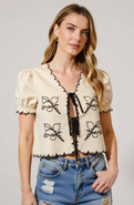 Modenaire Puff Sleeve Tie-Front Blouse with Floral Embroidery and Eyelet Trim