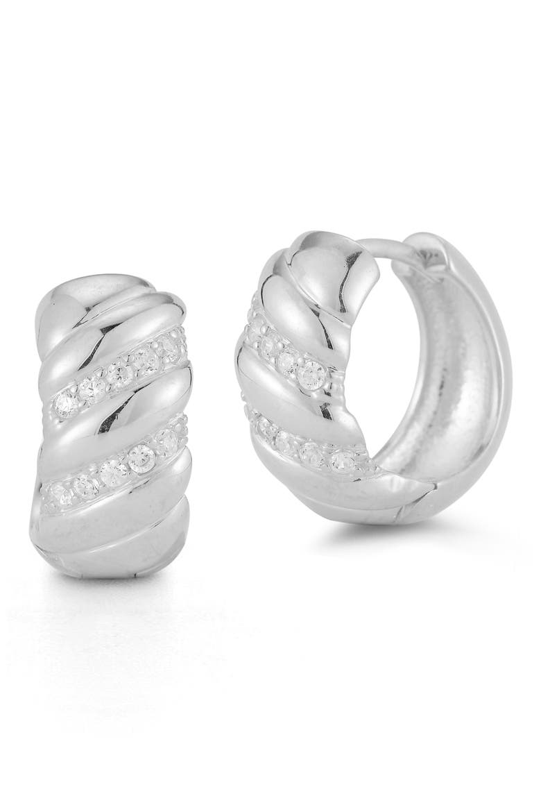 Cubic Zirconia Twist Huggie Hoop Earrings, Main, color, SILVER