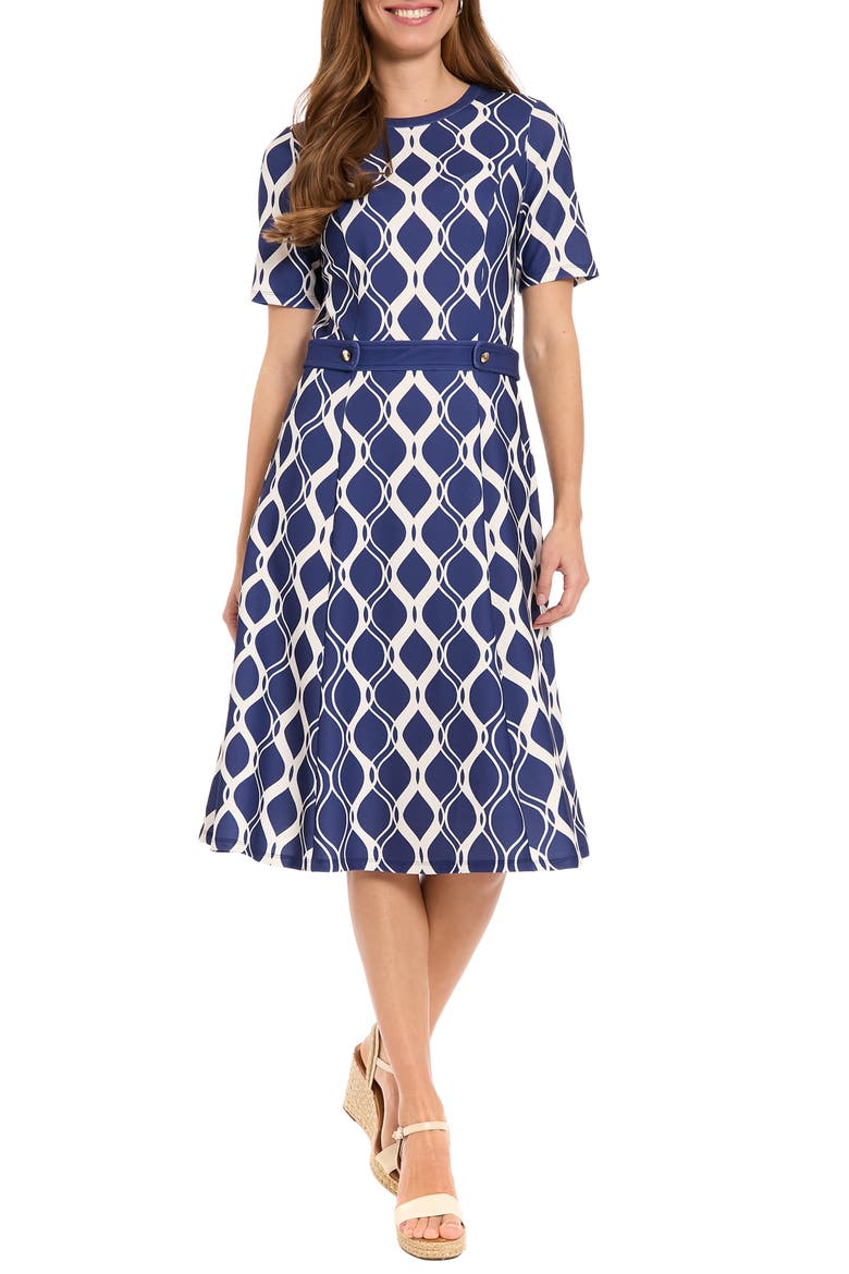 Short Sleeve Side Tab Fit & Flare Dress, Main, color, NAVY/ IVORY