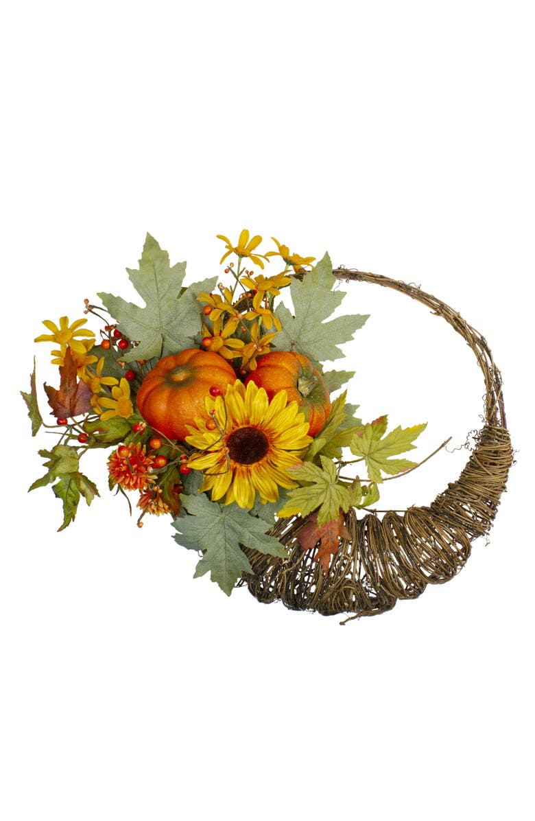 Northlight Cornucopia and Sunflower with Pumpkins Artificial Thanksgiving Wreath - 20-Inch, Unlit, Main, color, Brown