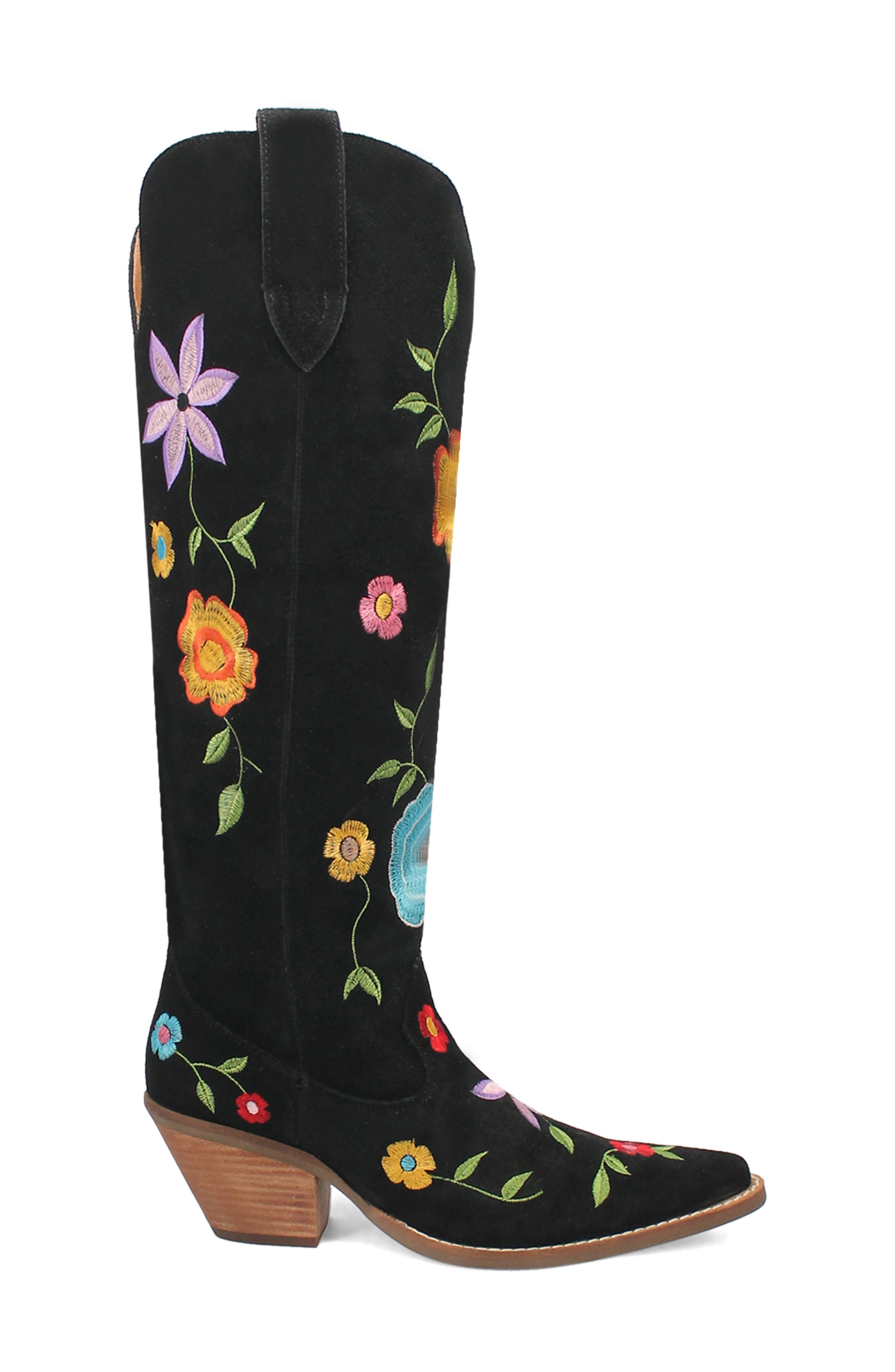 Dingo Flower Power Knee High Western Boot, Alternate, color, Black