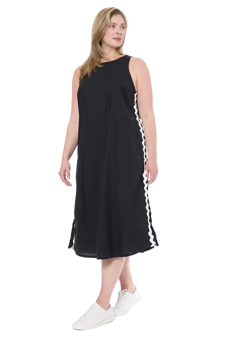 Rickrack Trim Sleeveless Cotton Blend Midi Dress, Alternate, color, BLACK
