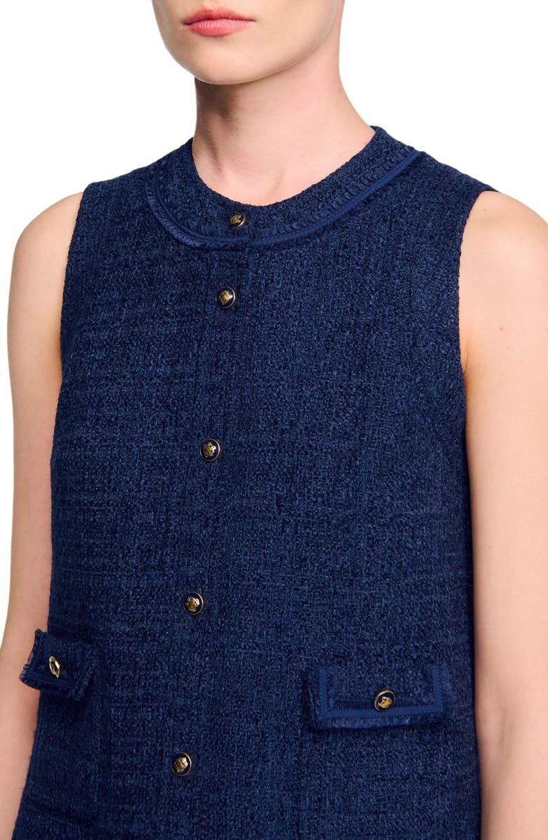 SANDRO Gold button short tweed dress, Alternate, color, Navy Blue