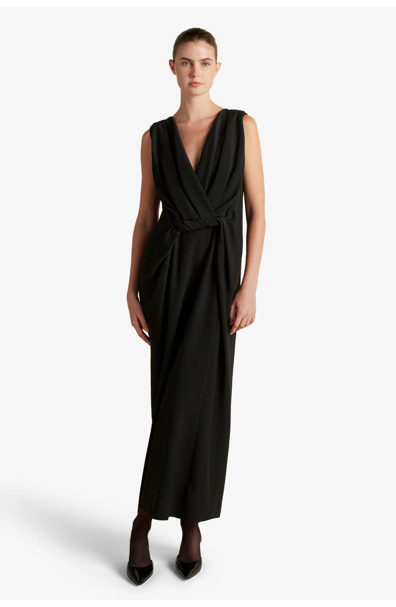 Marina Moscone Cady V-Neck Draped Twist Belt Dress, Main, color, Black