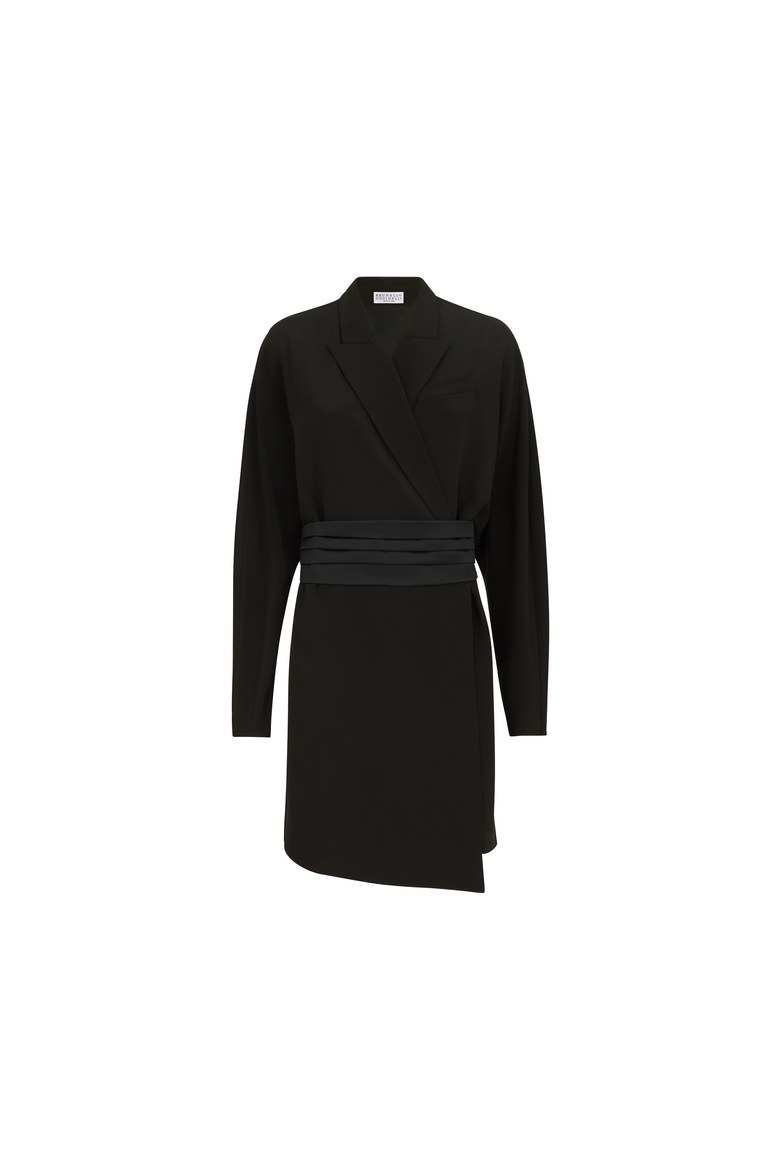 Silk and acetate crêpe cady tuxedo dress with monili, Alternate, color, Black
