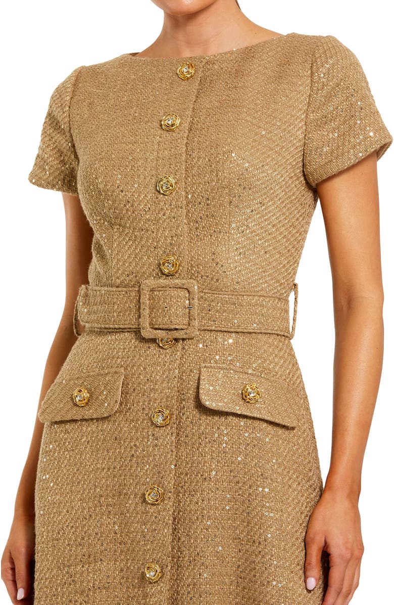 Mac Duggal Boucle Cap Sleeve High Neck Button Up Midi Dress, Alternate, color, Toffee