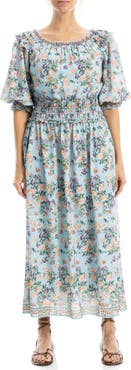 MAX STUDIO Puff Sleeve Smocked Waist Midi Dress