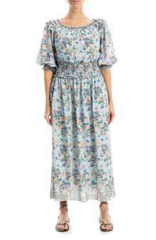 MAX STUDIO Puff Sleeve Smocked Waist Midi Dress
