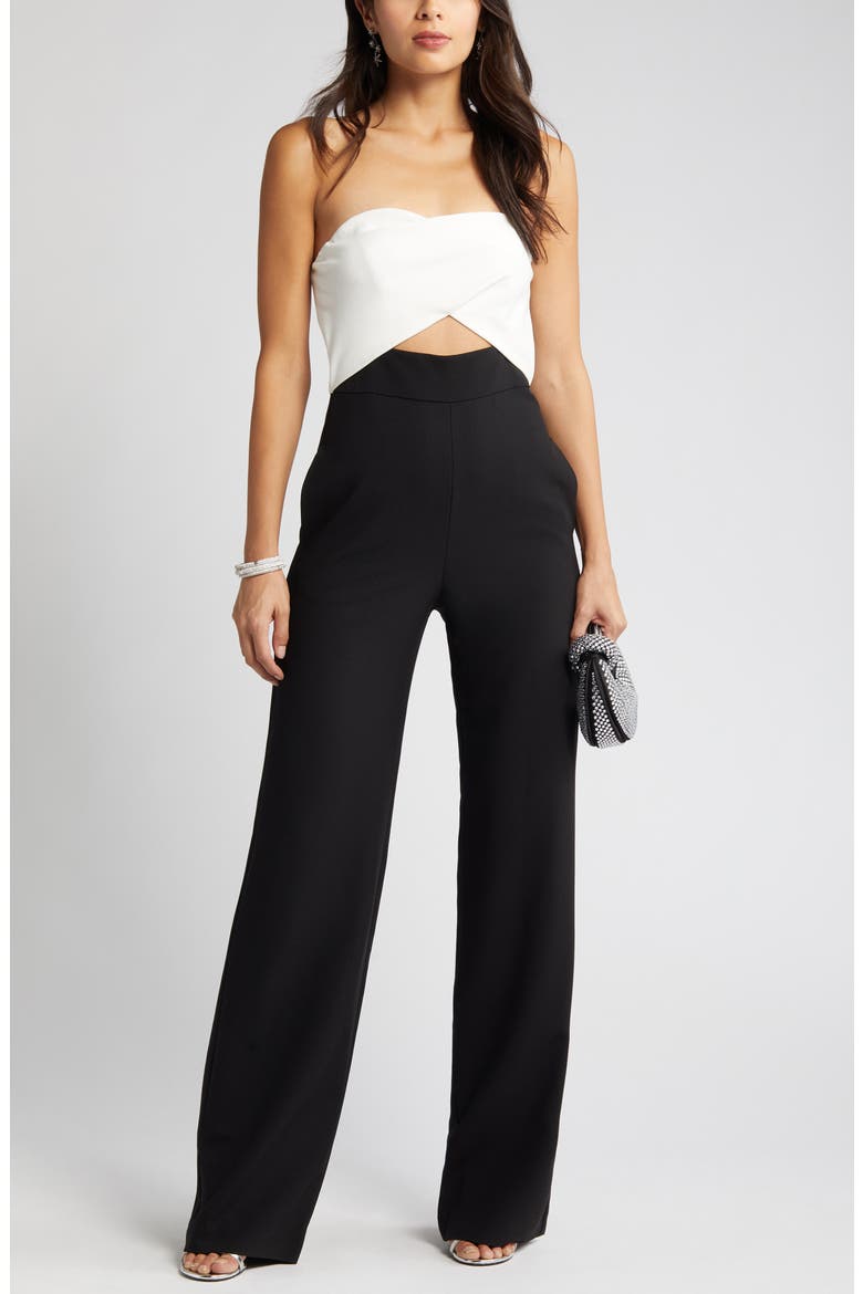 Jada Strapless Wide Leg Jumpsuit, Main, color, BLACK / PEARL
