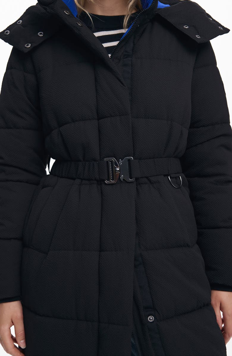 Desigual Quilted Puffer Longline Coat with Removable Hood, Alternate, color, Black