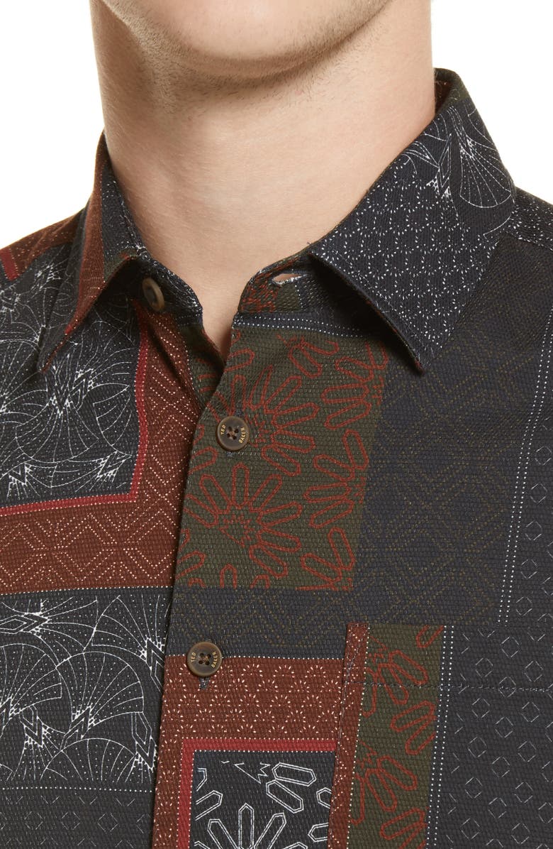 Ted Baker London Relaxx Short Sleeve Hemp & Cotton Button-Up Shirt, Alternate, color, Dk-Red