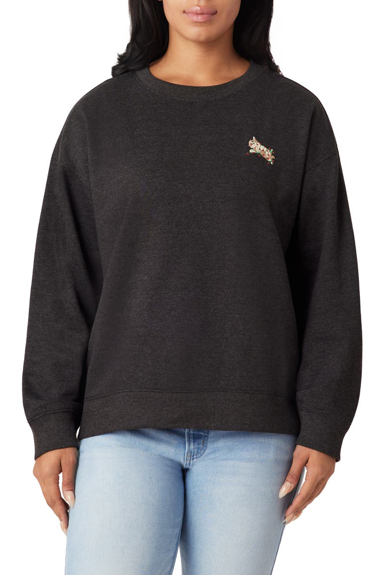 NORA Cozy Holiday Animal Embroidered Fleece Sweatshirt, Main, color, BLACK SAND TANGLED KITTY