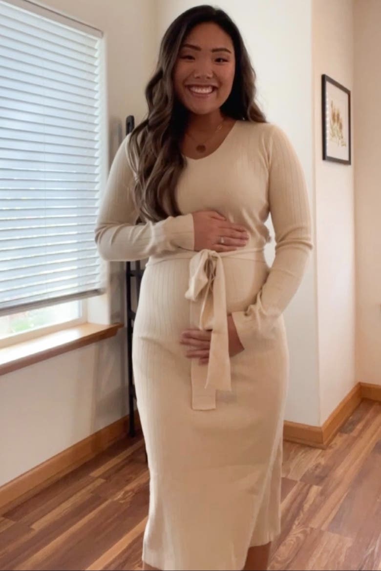 Tie Front Sweater Midi Dress, Alternate, color, Beige
