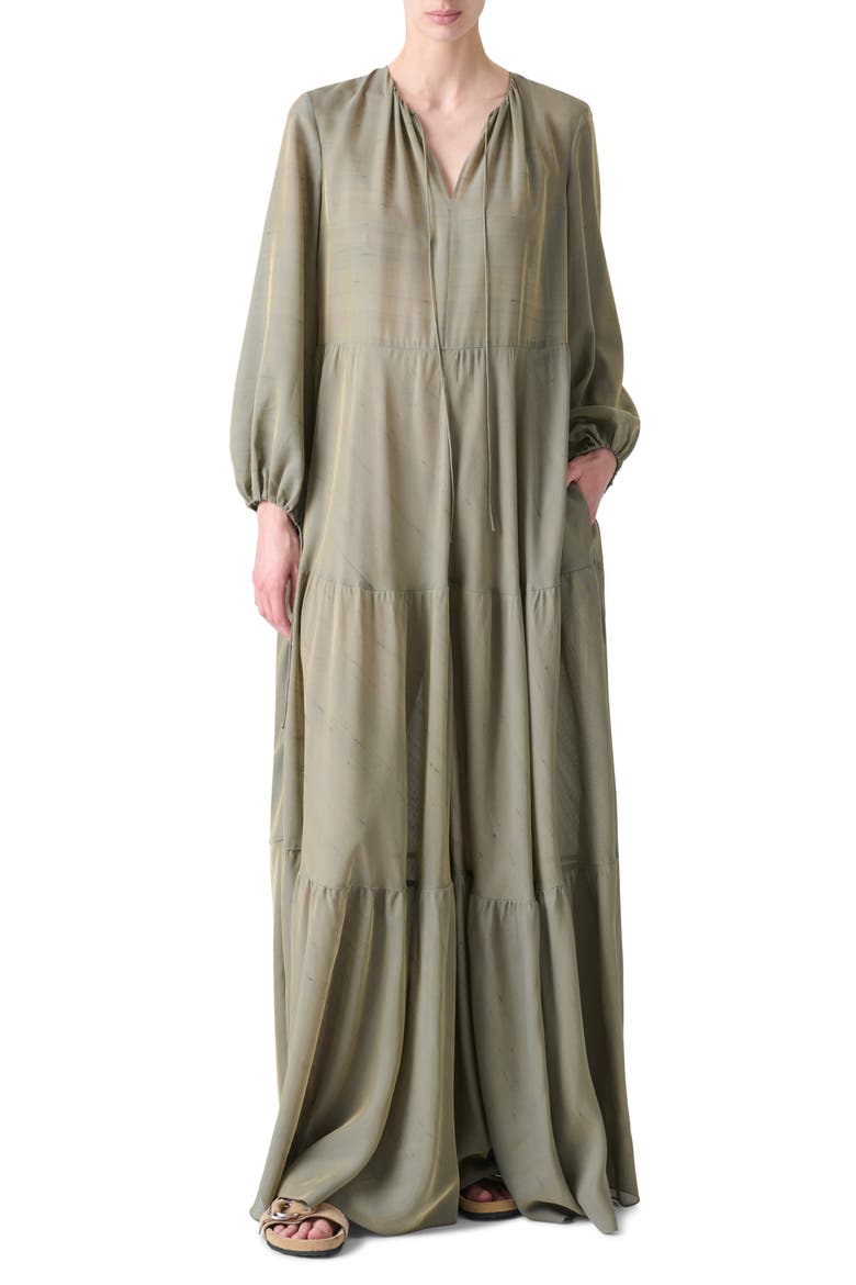 Boho Long Sleeve Tiered Maxi Dress, Main, color, KHAKI
