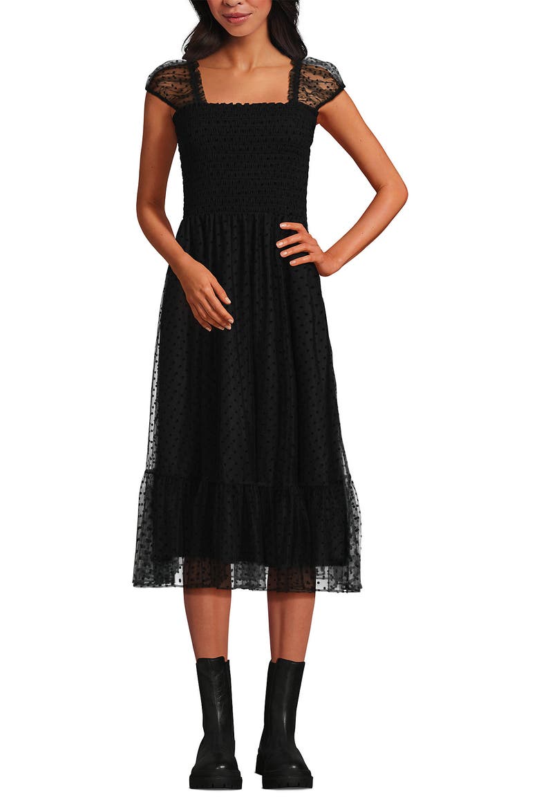 Flocked Chiffon Midi Dress, Alternate, color, Black