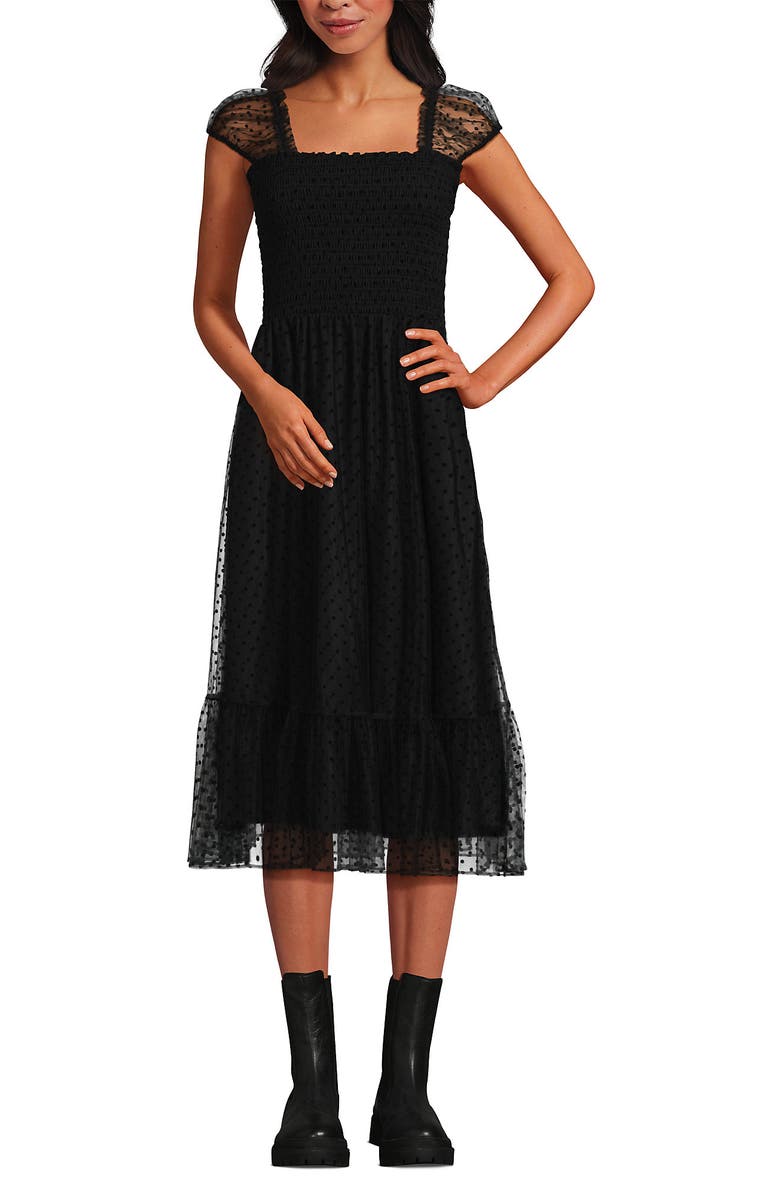 Lands' End Flocked Chiffon Midi Dress, Alternate, color, Black