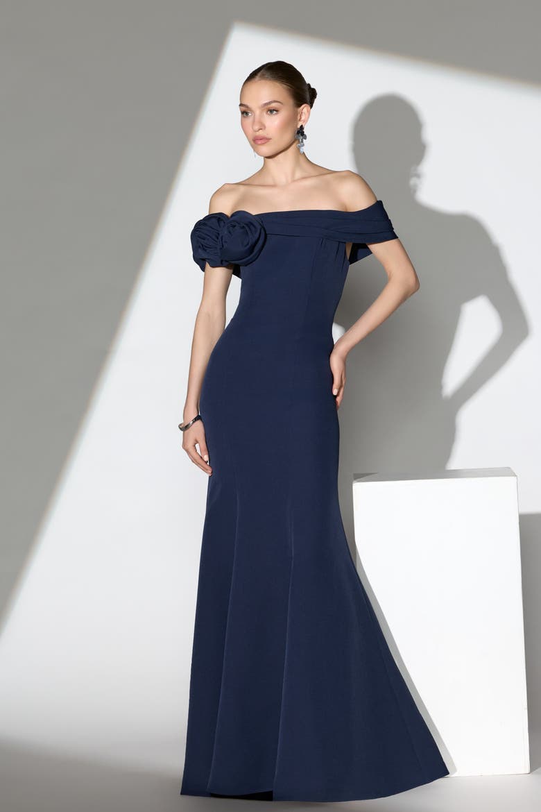 Off The Shoulder Crepe Mermaid Gown, Alternate, color, Navy