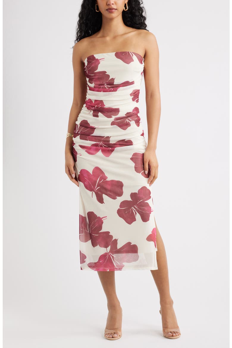 Ruched Strapless Mesh Dress, Main, color, IVORY- PINK WATERED HIBISCUS