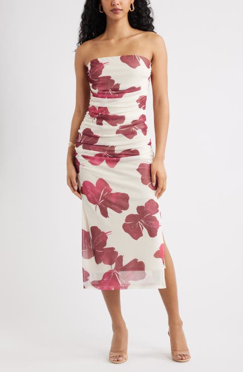 Ruched Strapless Mesh Dress