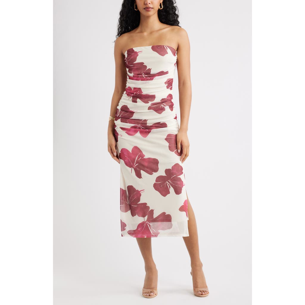 Open Edit Ruched Strapless Mesh Dress In White