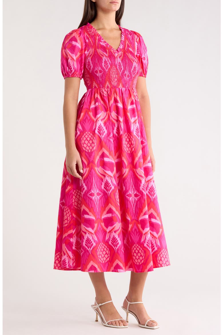 Prissa Ikat Brenty Smocked Midi Dress, Alternate, color, MAGENTA-CORAL