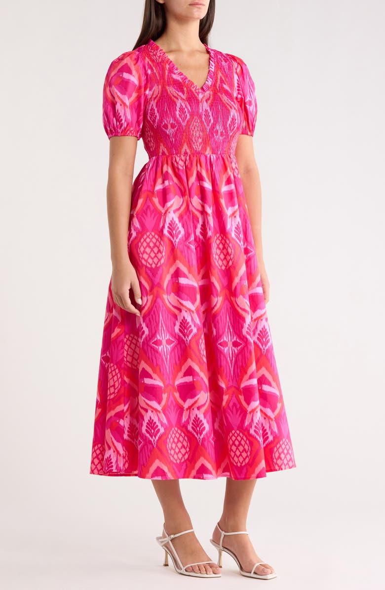 SUGARLIPS Prissa Ikat Brenty Smocked Midi Dress, Alternate, color, Magenta-Coral