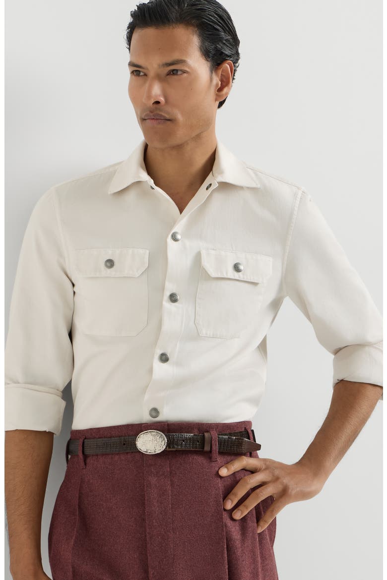 Garment-dyed overshirt in cotton gabardine with spread collar and chest pockets, Alternate, color, White