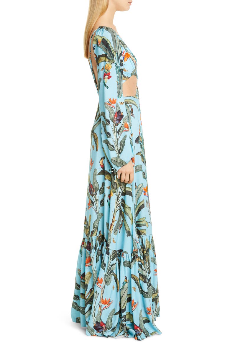 Tropical Long Sleeve Cutout Gown, Alternate, color, CERULEAN