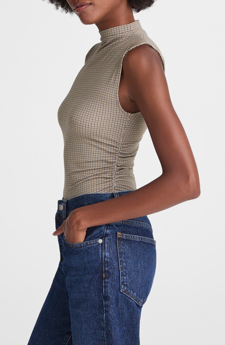 Madewell Houndstooth Ruched Mock Neck Sleeveless Top, Alternate, color, Micro Houndstooth Coffee