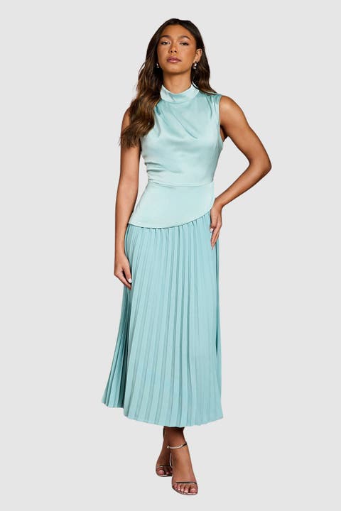 High Neck Pleated Midi Dress