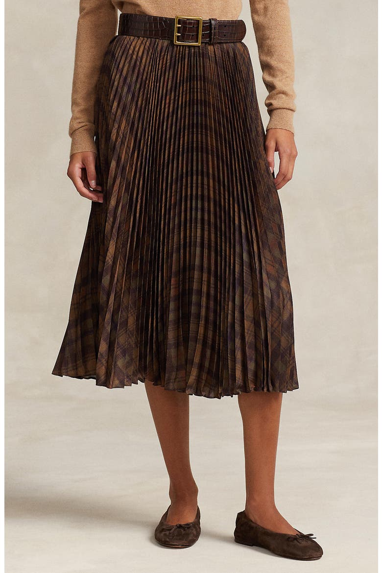 Pleated Crepe Recycled Polyester Midi Skirt, Alternate, color, 1486 YELLOW MULTI PLAID