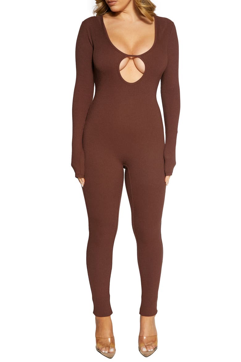 Binding Deep Keyhole Long Sleeve Jumpsuit, Main, color, CHOCOLATE