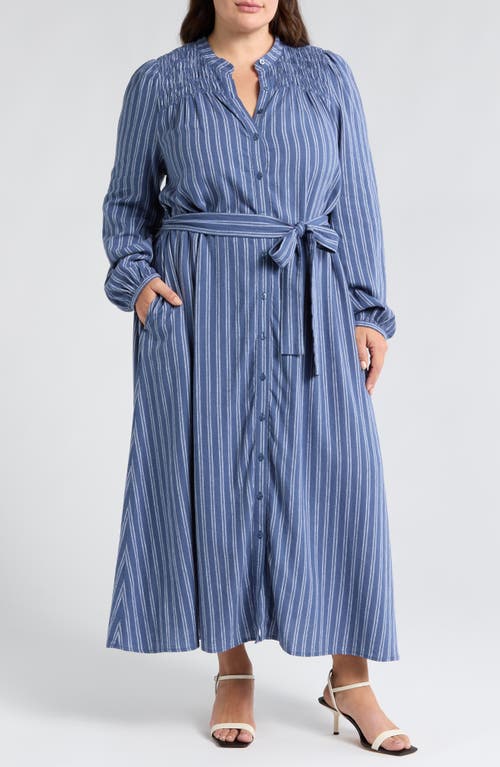 Caslonr Caslon(r) Stripe Long Sleeve Linen Blend Maxi Shirtdress In Blue- White Sandy Stripe