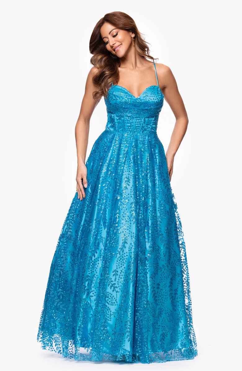 Blondie Nites Gllitter Dot & Leaf Ballgown, Alternate, color, Aqua