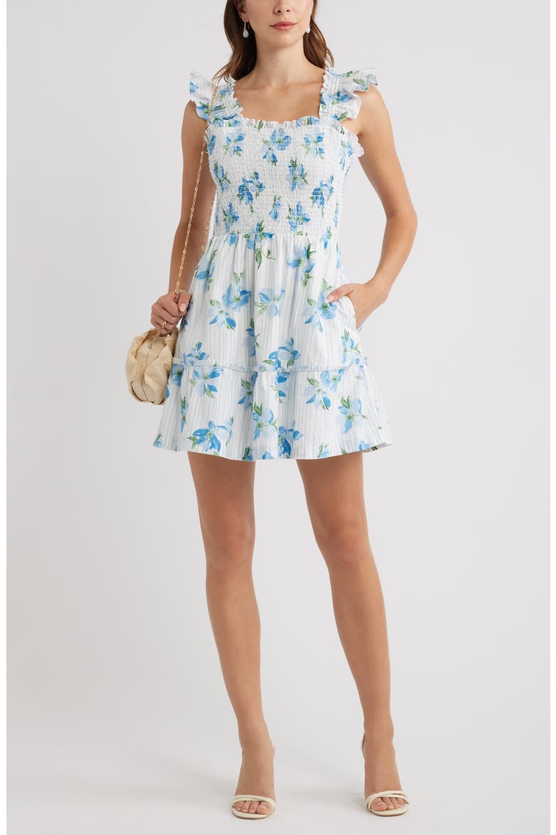 Smocked Tiered Cotton Ruffle Trim Minidress, Alternate, color, BLUE- GREEN STRIPED FLORAL