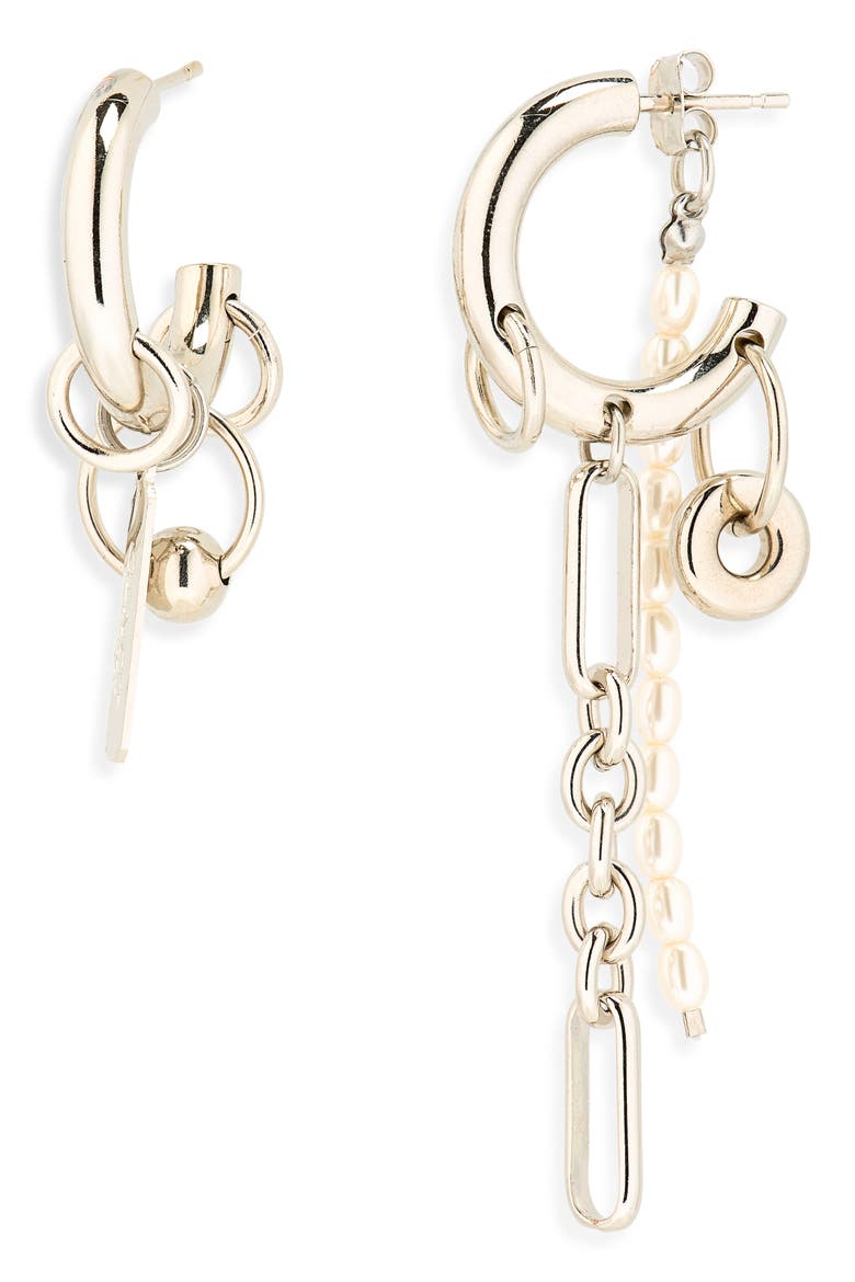 Iris Mismatched Chain Drop & Faux Pearl Earrings, Main, color, PALLADIUM