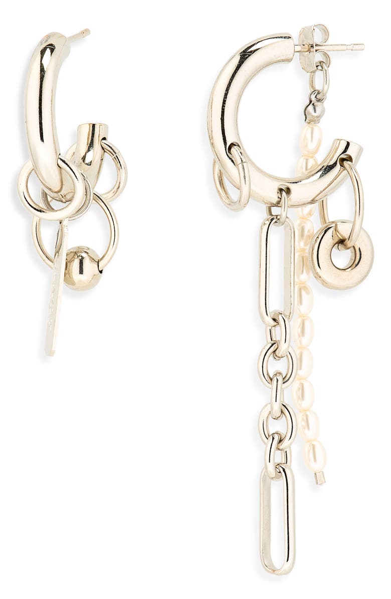 Justine Clenquet Iris Mismatched Chain Drop & Faux Pearl Earrings, Main, color, Palladium
