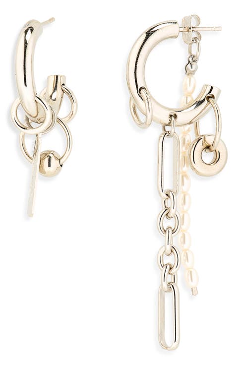 Iris Mismatched Chain Drop & Faux Pearl Earrings