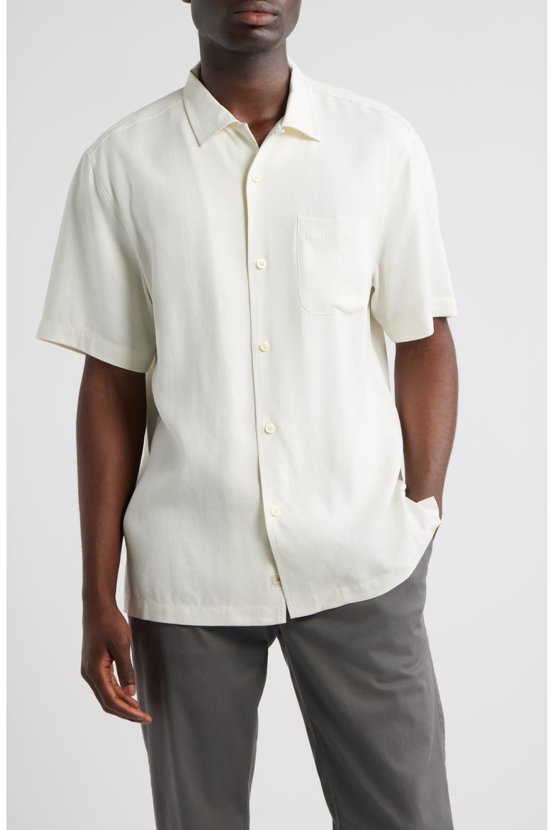 Herringbone Short Sleeve Silk Button-Up Camp Shirt, Main, color, CONTINENTAL