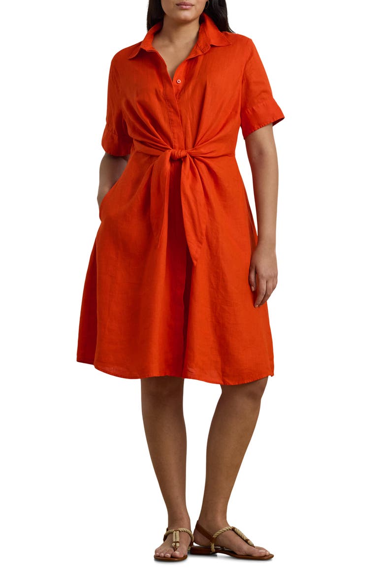 Front Tie Linen Shirtdress, Main, color, ORANGE LILY