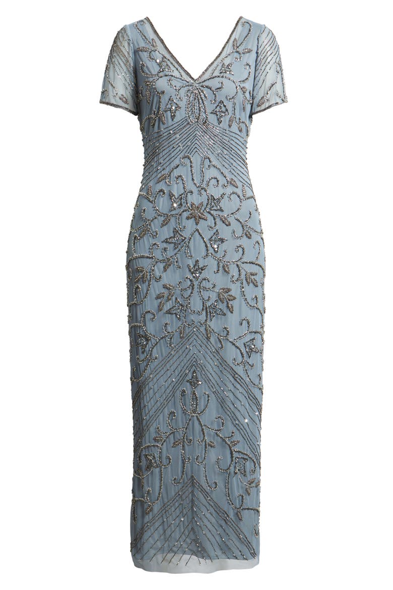 Beaded Mesh Column Gown, Alternate, color, SOFT BLUE 401