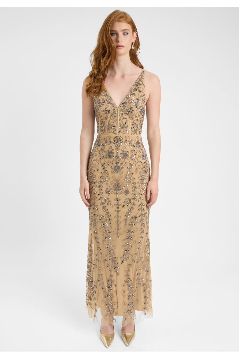 Embellished Sequin Beaded Corset Maxi Dress With Deep V-Cut, Main, color, RICHMOND
