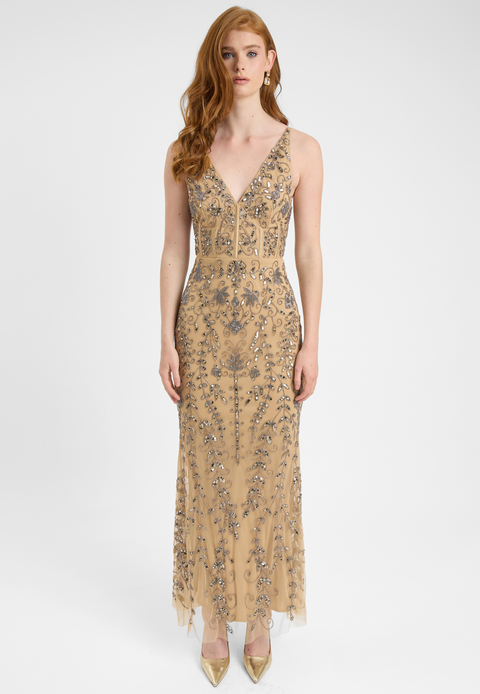 Embellished Sequin Beaded Corset Maxi Dress With Deep V-Cut