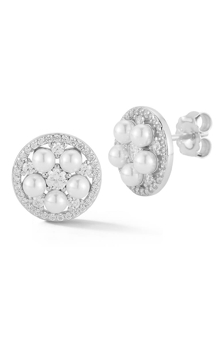 Faux Pearl and Cubic Zirconia Cluster Stud Earrings, Main, color, SILVER