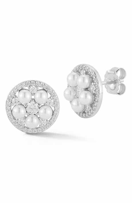 Faux Pearl and Cubic Zirconia Cluster Stud Earrings