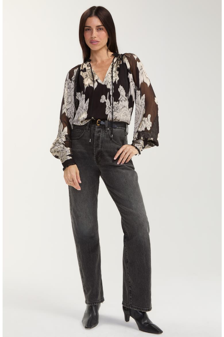 Floral Jacquard Chiffon Split Neck Top, Alternate, color, BLACK MULTI