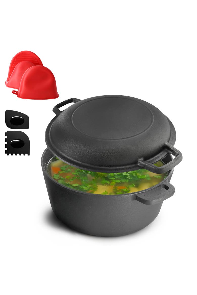 5 Quart Pre-Seasoned 2-in-1 Cast Iron Dutch Oven and Skillet, Main, color, Black