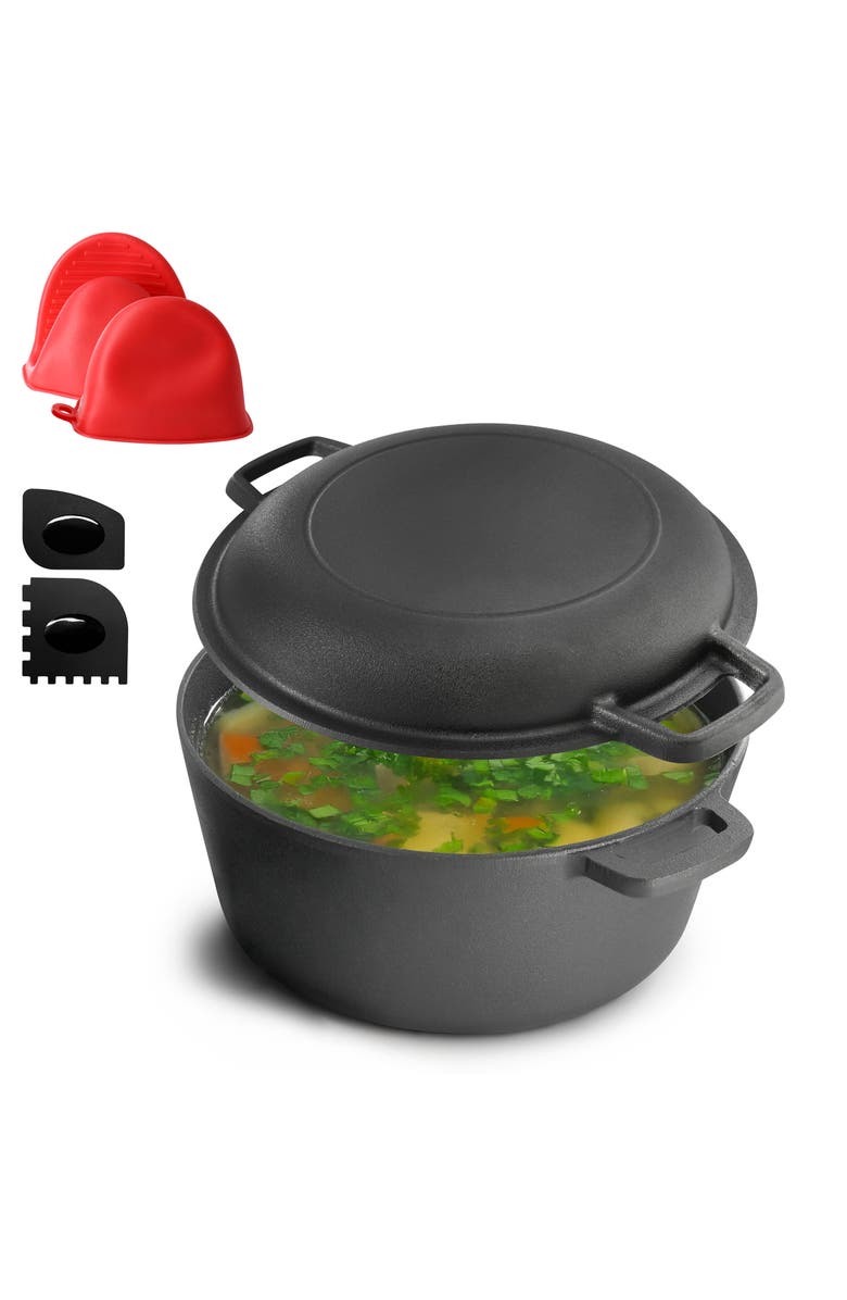 Megachef 5 Quart Pre-Seasoned 2-in-1 Cast Iron Dutch Oven and Skillet, Main, color, Black