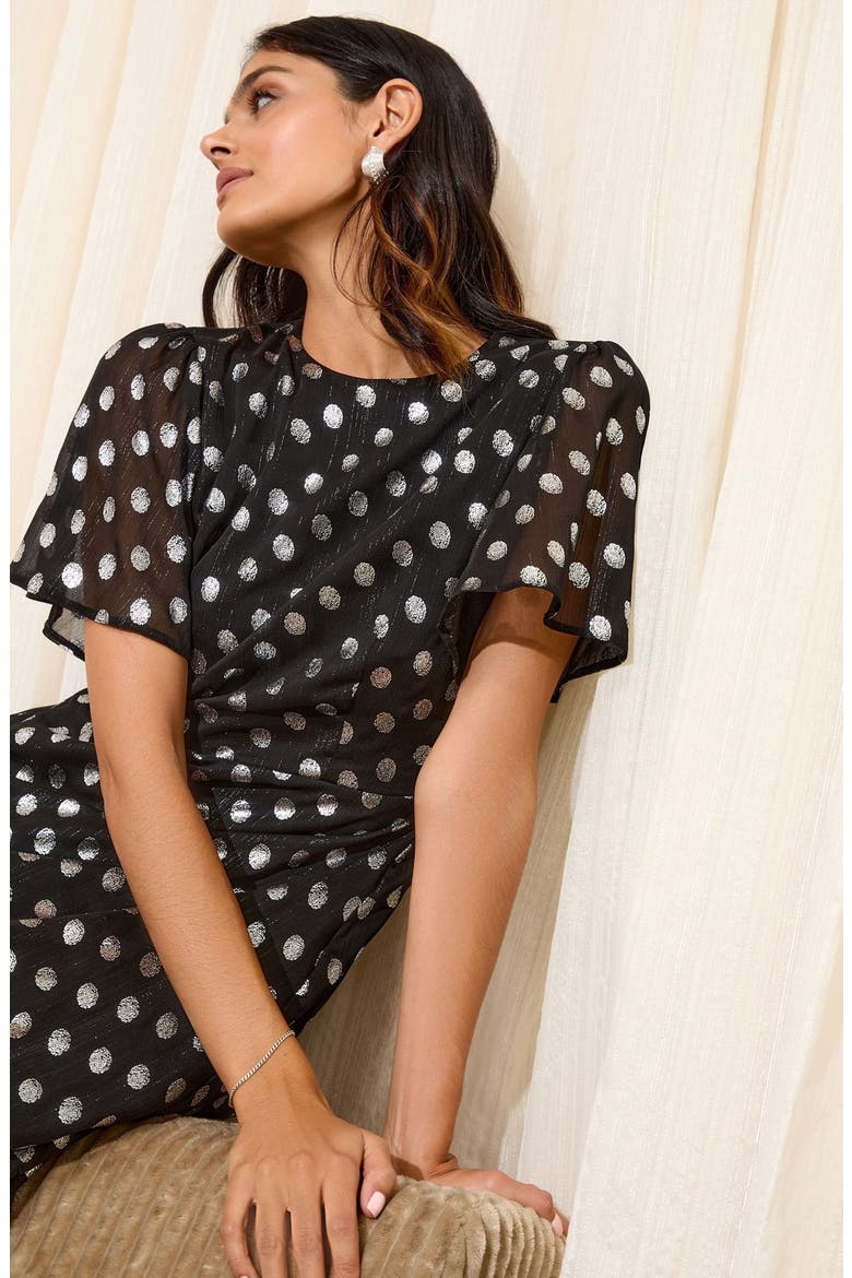 Foil Polka Dot Chiffon Maxi Cocktail Dress, Alternate, color, BLACK